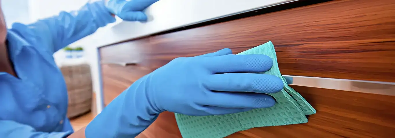 Cleaner wearing blue gloves wiping a wooden cabinet drawer with a microfiber cloth for dust and grime removal, Kansas City, MO.