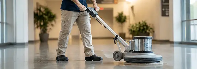 Professional technician using an industrial floor buffer to polish and maintain shiny commercial flooring in a corporate hallway in Kansas City, MO.