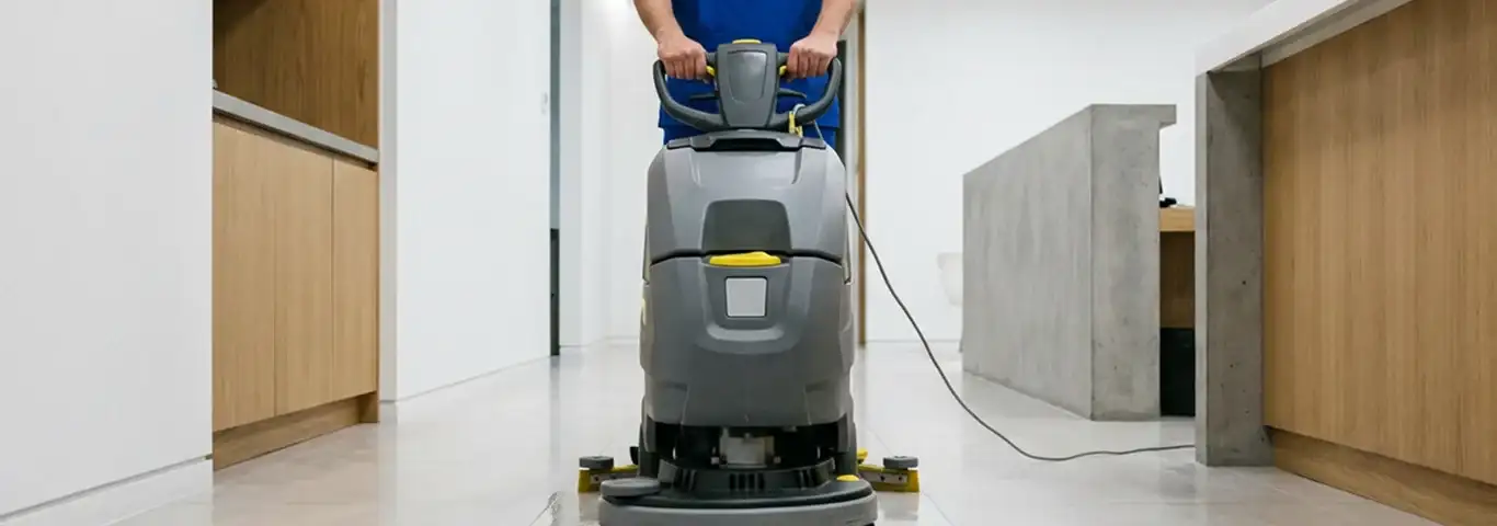 Janitorial staff using a floor scrubber machine to clean a commercial hallway, Kansas City, MO.