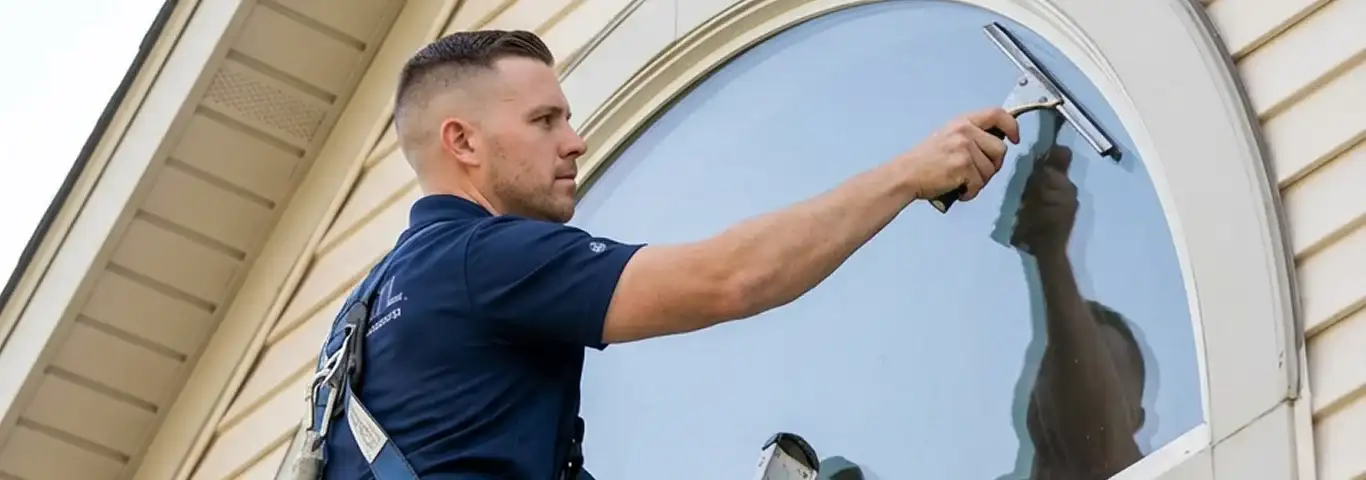Professional window cleaner using a squeegee to clean an exterior arched window on a home, Kansas City, MO.