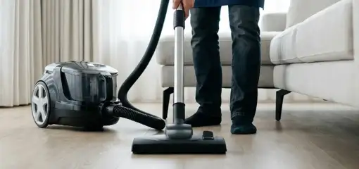 Professional house cleaner vacuuming a living room floor with a canister vacuum cleaner, Kansas City, MO.