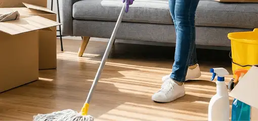 Move-out cleaning setup with a cleaner mopping hardwood floors near moving boxes and cleaning supplies, Kansas City, MO.