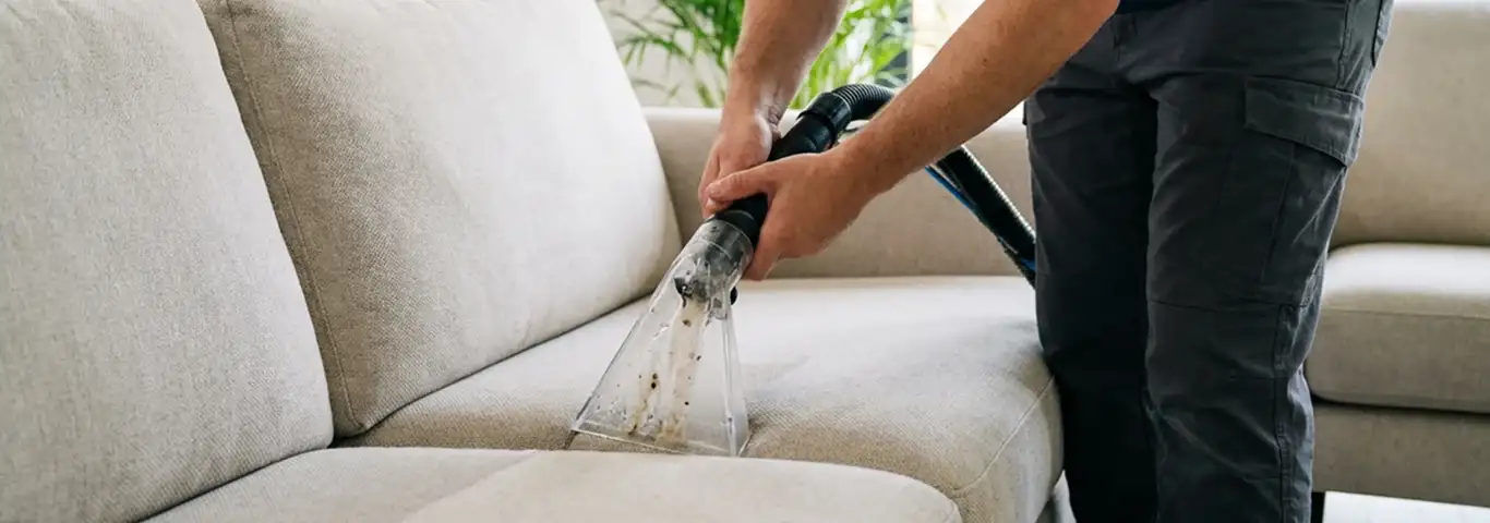 Technician extracting dirt and moisture from a fabric sofa with an upholstery cleaning wand, Kansas City, MO.