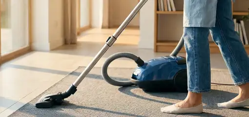 Person vacuuming a living room rug with a canister vacuum cleaner near large windows, Kansas City, MO.